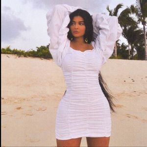 Kylie Jenner White Puff Sleeve Bodycon Scrunch Dress